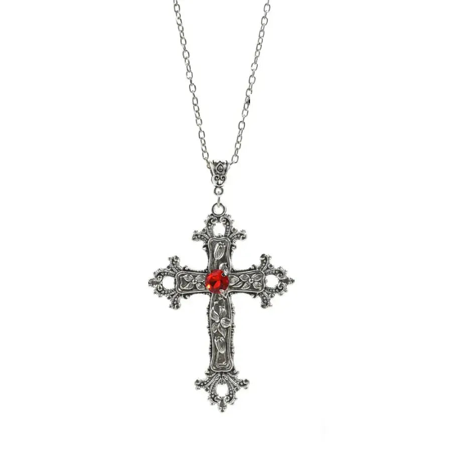 Gothic Cross Necklace - Red
