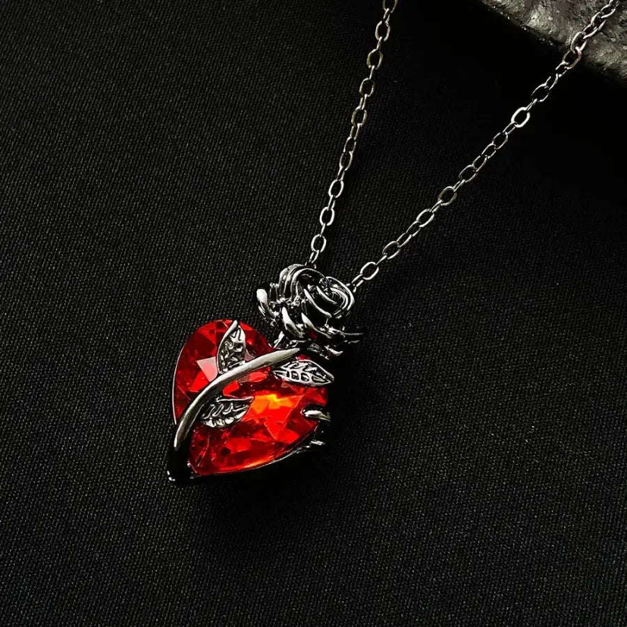 Heart And Rose Necklace - Red