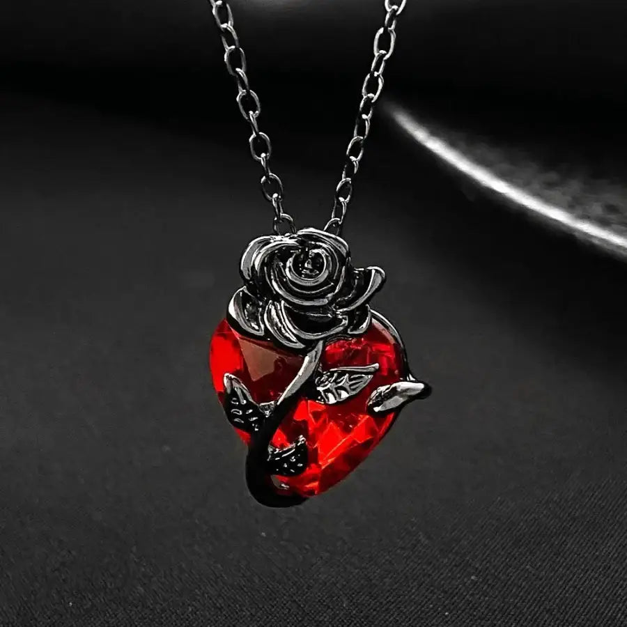 Heart And Rose Necklace - Red