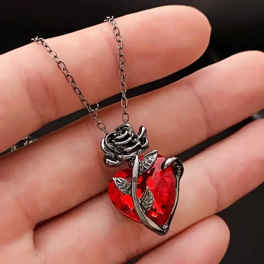 Heart And Rose Necklace - Red