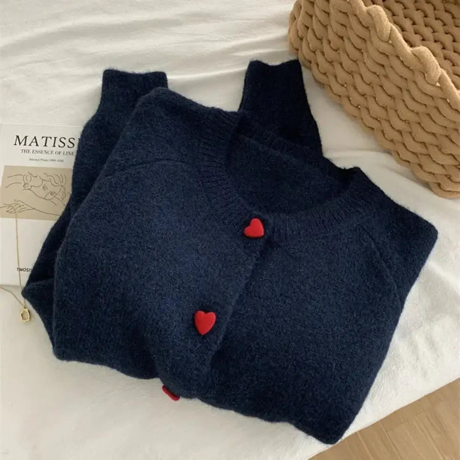 Heart Button Sweater Blue / One Size