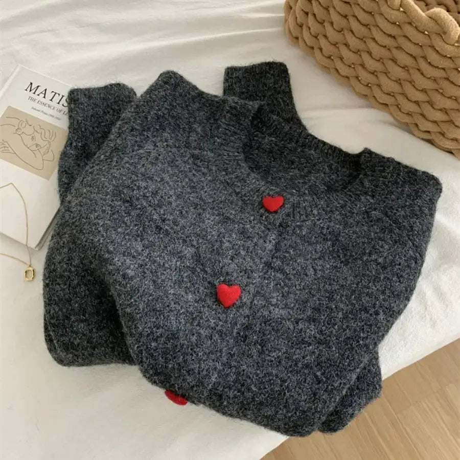 Heart Button Sweater Dark Grey / One Size