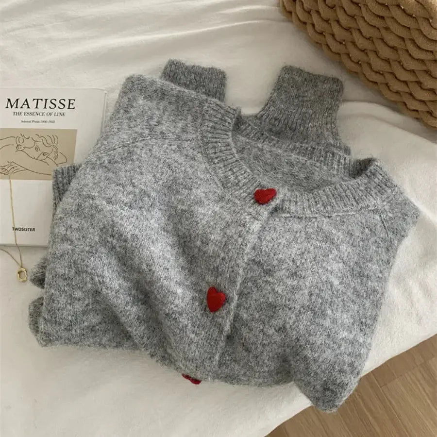 Heart Button Sweater Light Grey / One Size