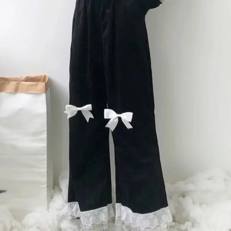 High Waist Bow Pants - Black / S