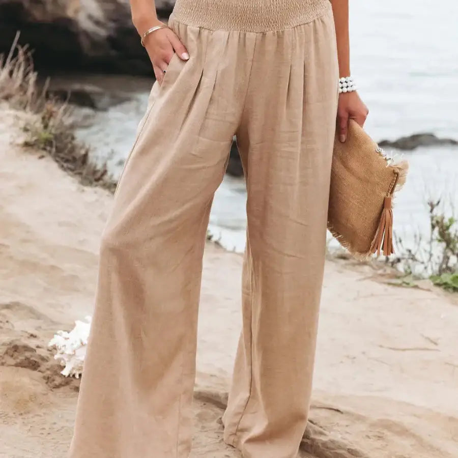 High Waist Linen Pants - Beige / S