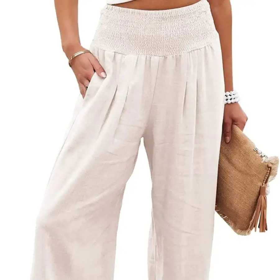 High Waist Linen Pants - White / S