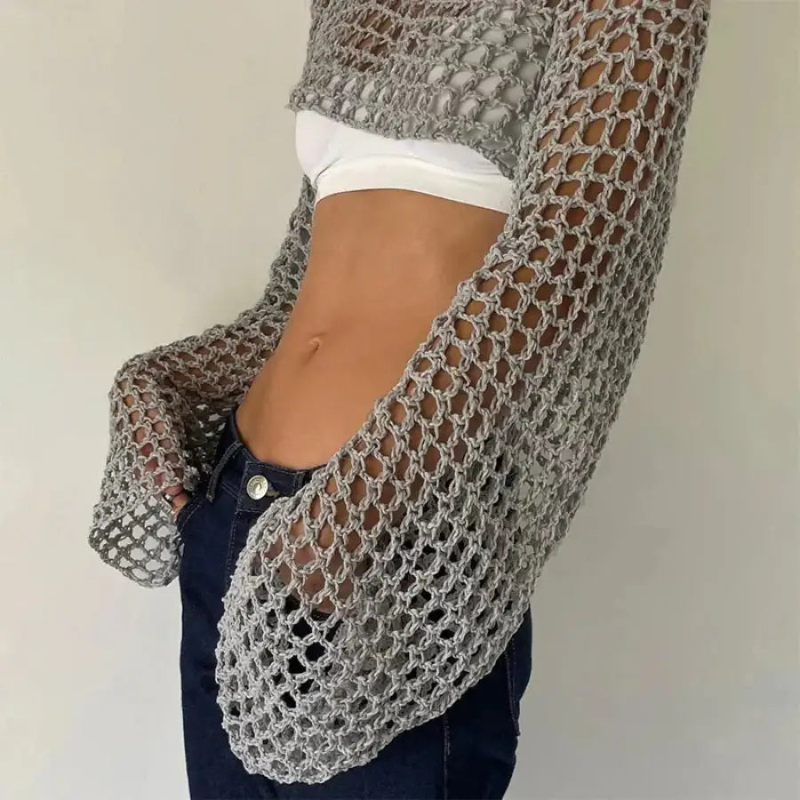 Hollow Out Crop Sweater - Grey / S