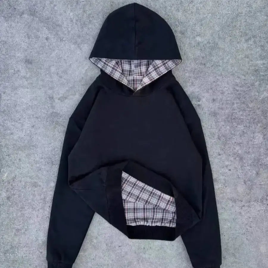 Hoodie With Plaid Black / S