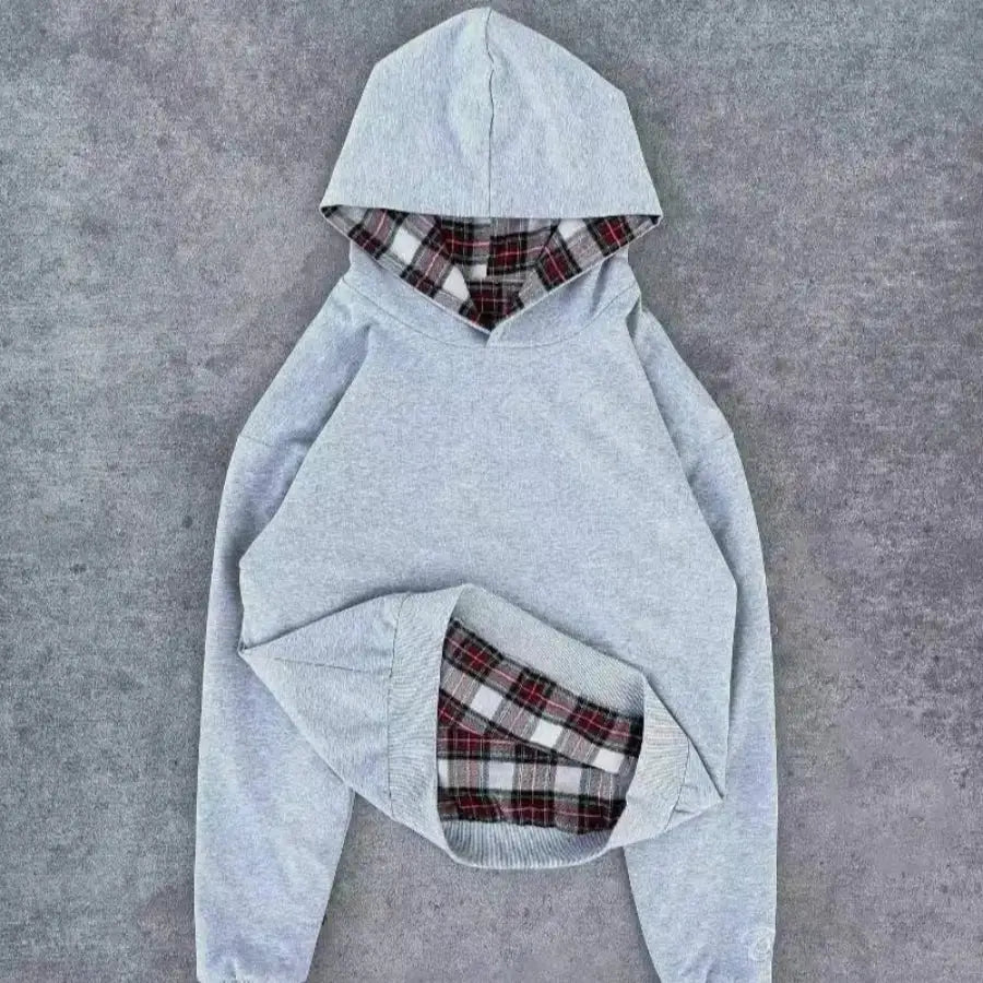 Hoodie With Plaid Grey / S