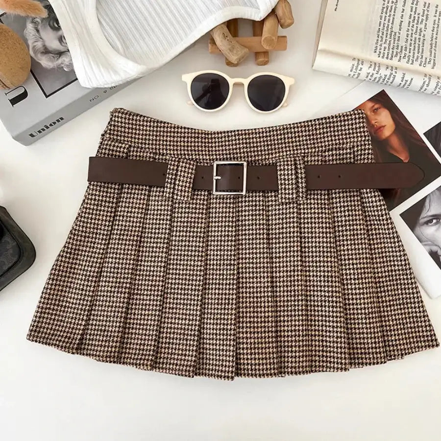 Houndstooth Pleated Mini Skirt