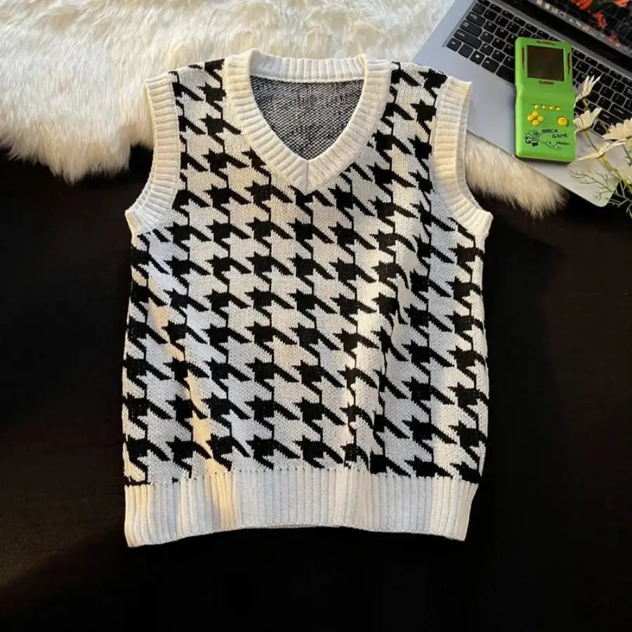 Houndstooth Sweater - White / M