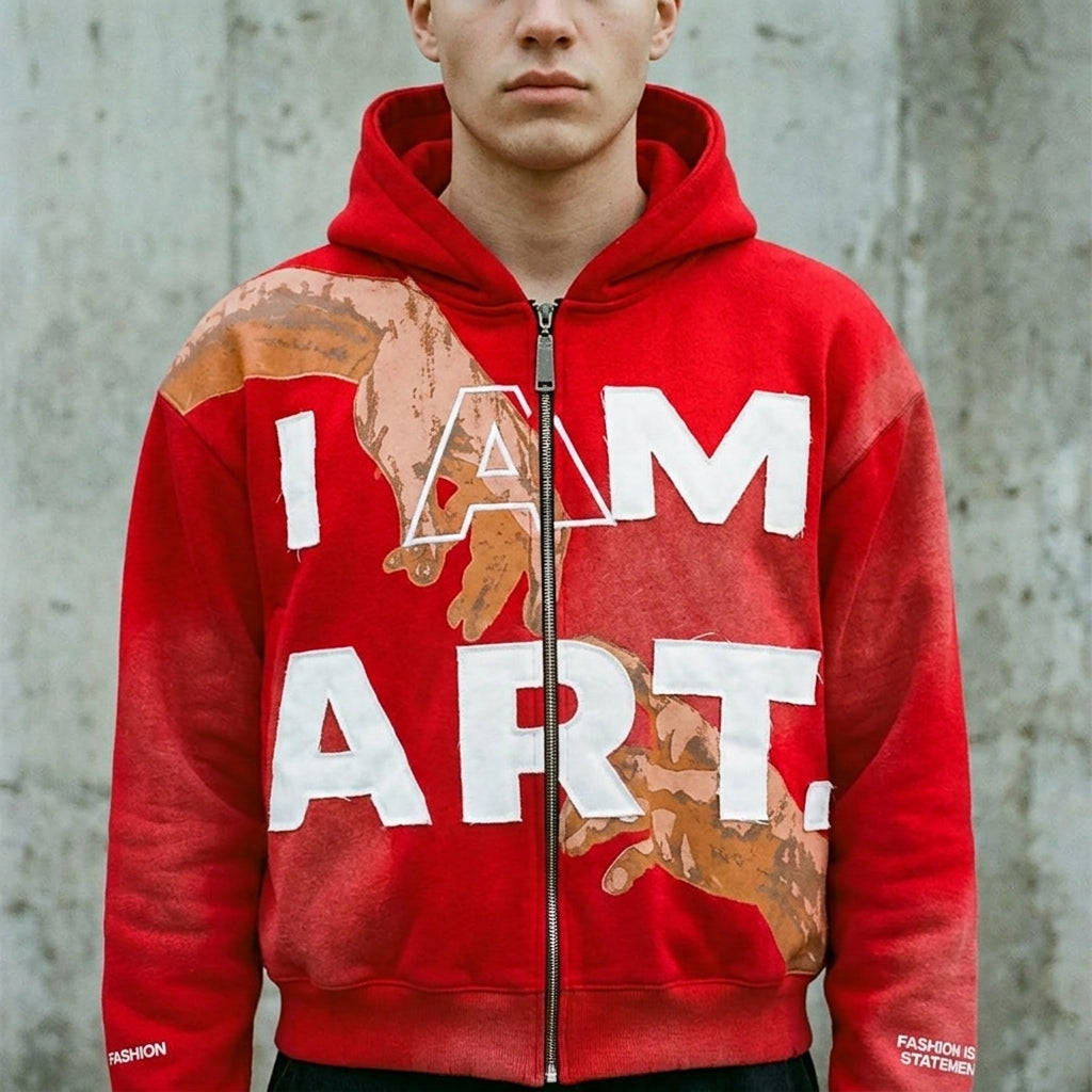 Close-up of the I Am Art red hoodie front print with white lettering and ochre hands
