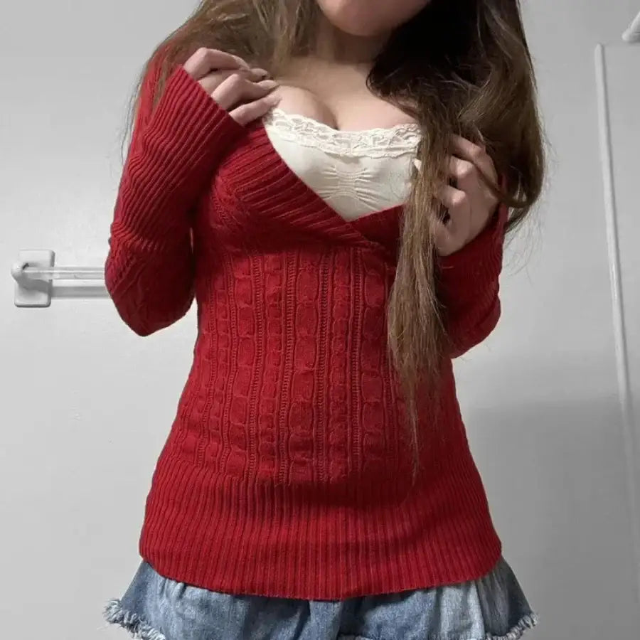 Knitted Hooded Sweater - Red / S