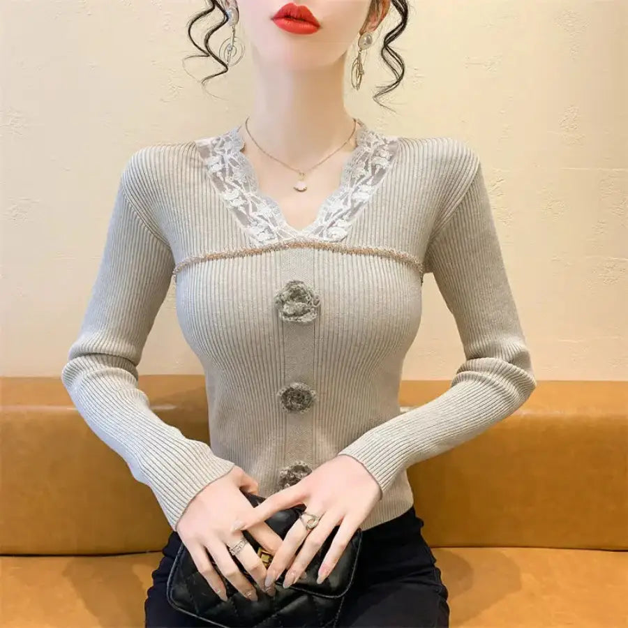 Lace Collar Sweater Beige / S