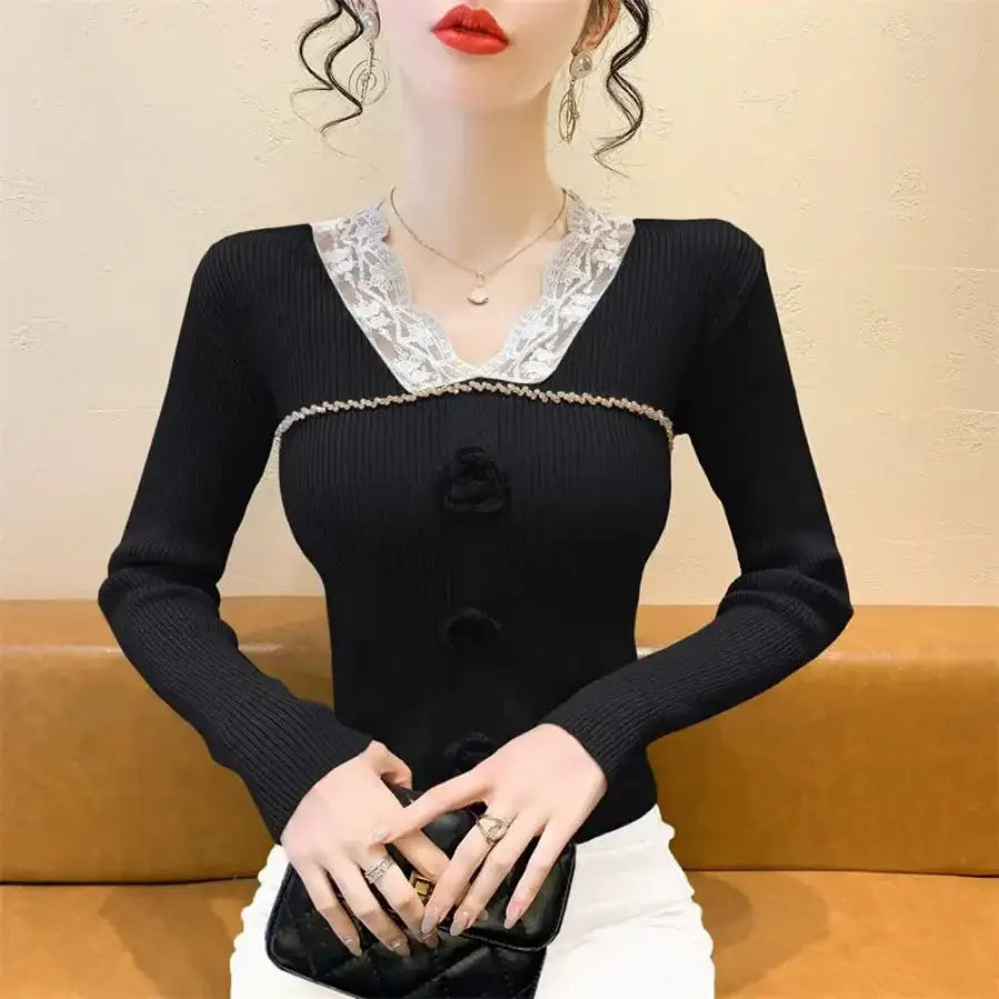Lace Collar Sweater Black / S