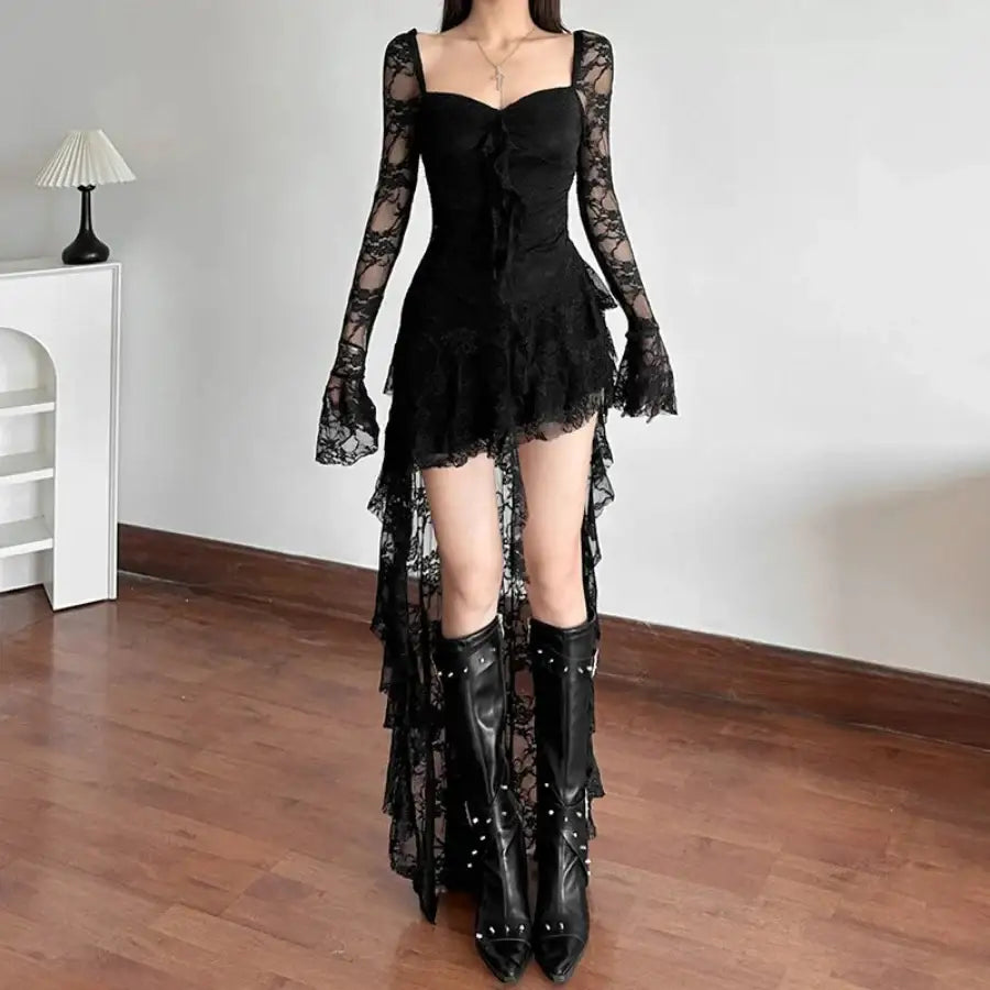 Lace Dress With Sleeves - Black / S