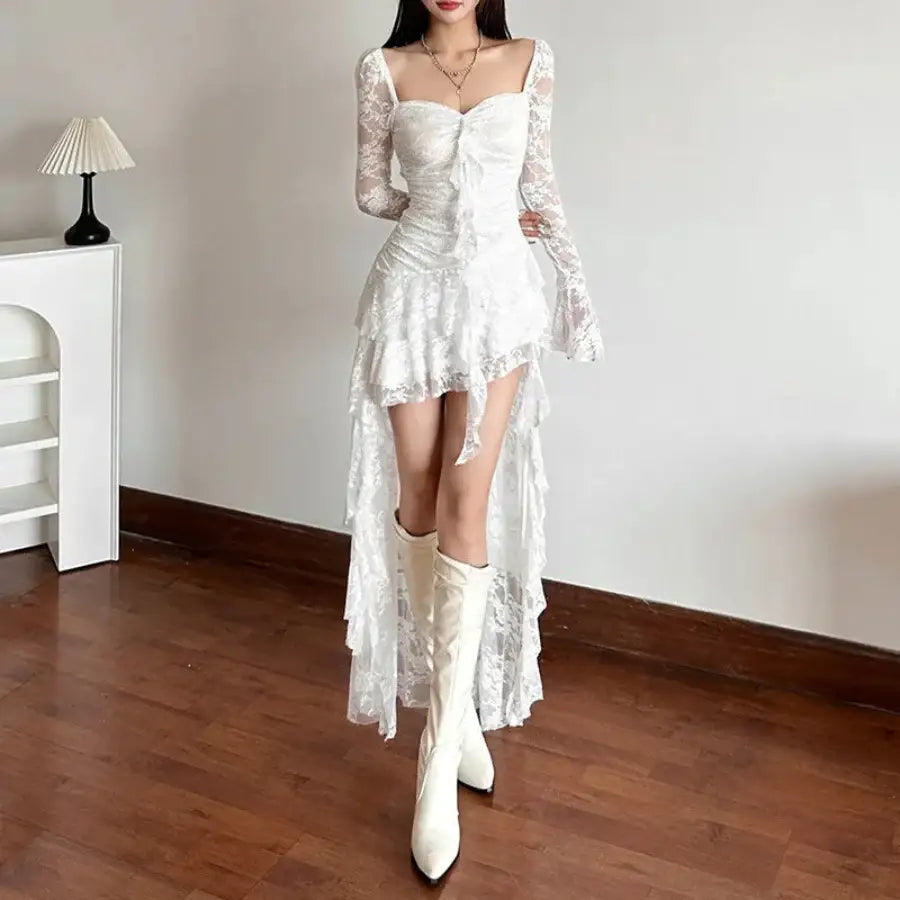 Lace Dress With Sleeves - White / S