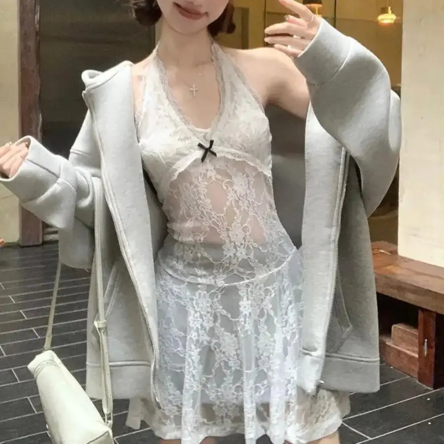 Lace Halter Mini Dress With Bow