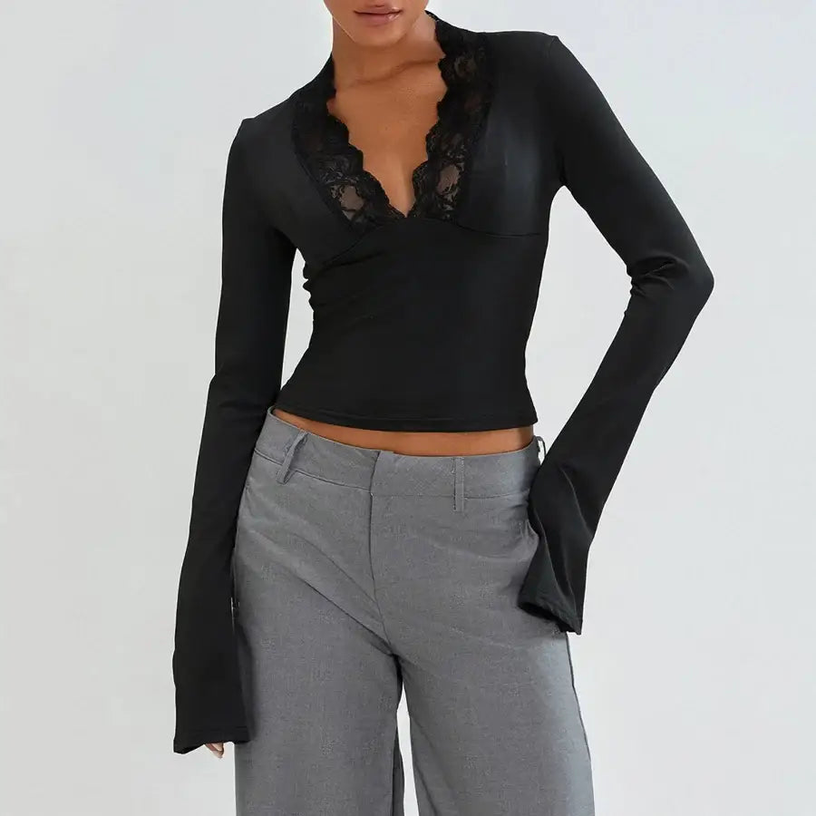 Lace Low Cut Top - Black / S