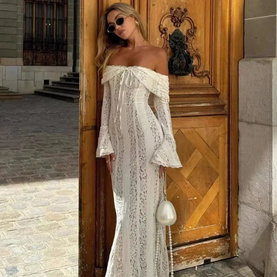 Lace Off The Shoulder Dress - White / XS