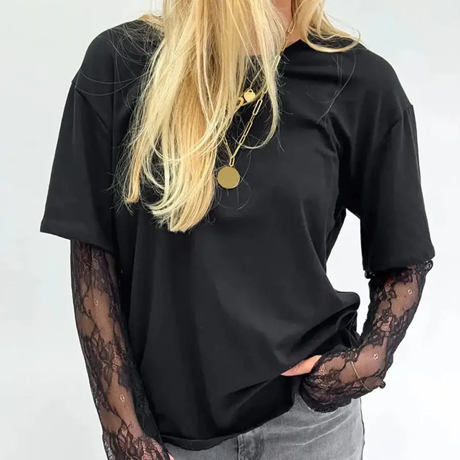 Lace Sleeve Shirt - Black / S