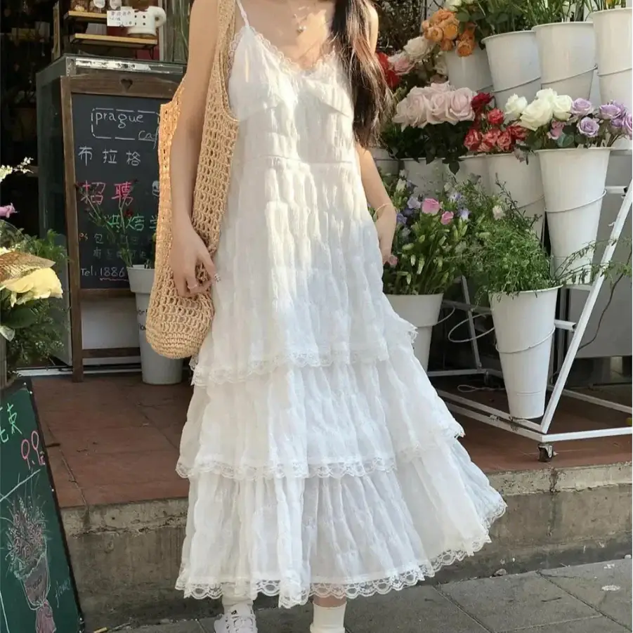 Layered Long Dress - White / S