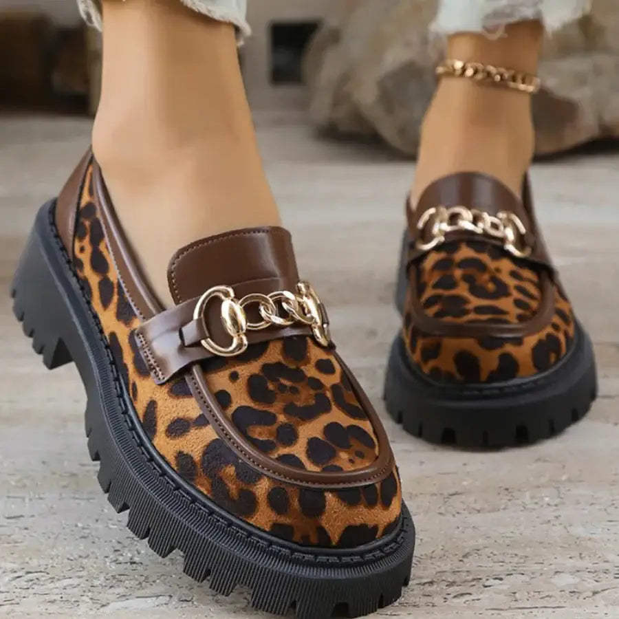 Leopard Platform Loafers - Brown / 4