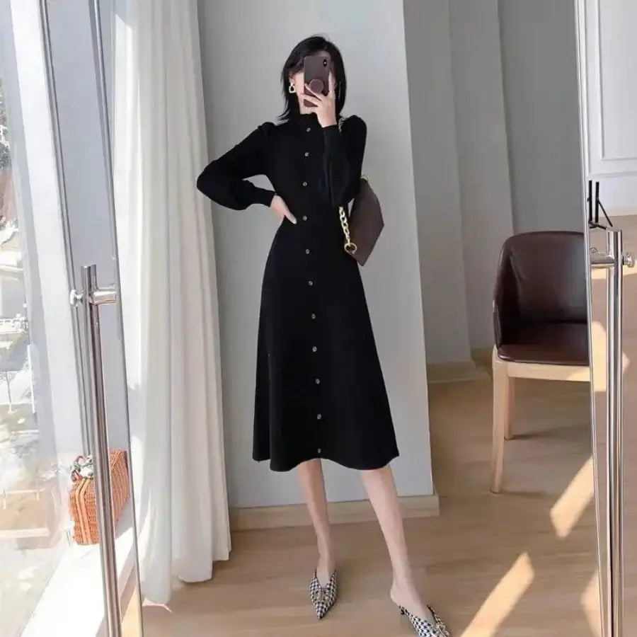 Long Ribbed Dress Black / S
