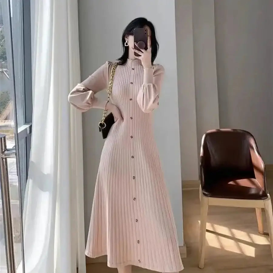 Long Ribbed Dress Pink / S