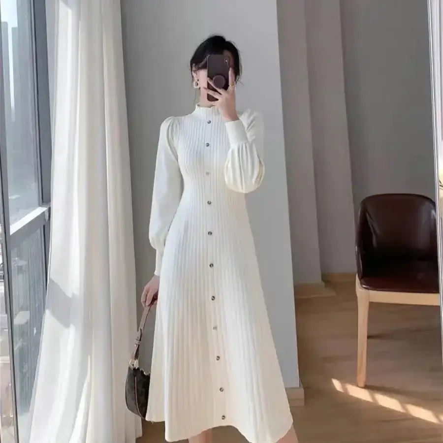Long Ribbed Dress White / S