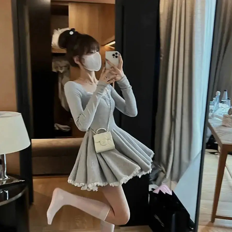Long Sleeve Ruffle Mini Dress Grey / S