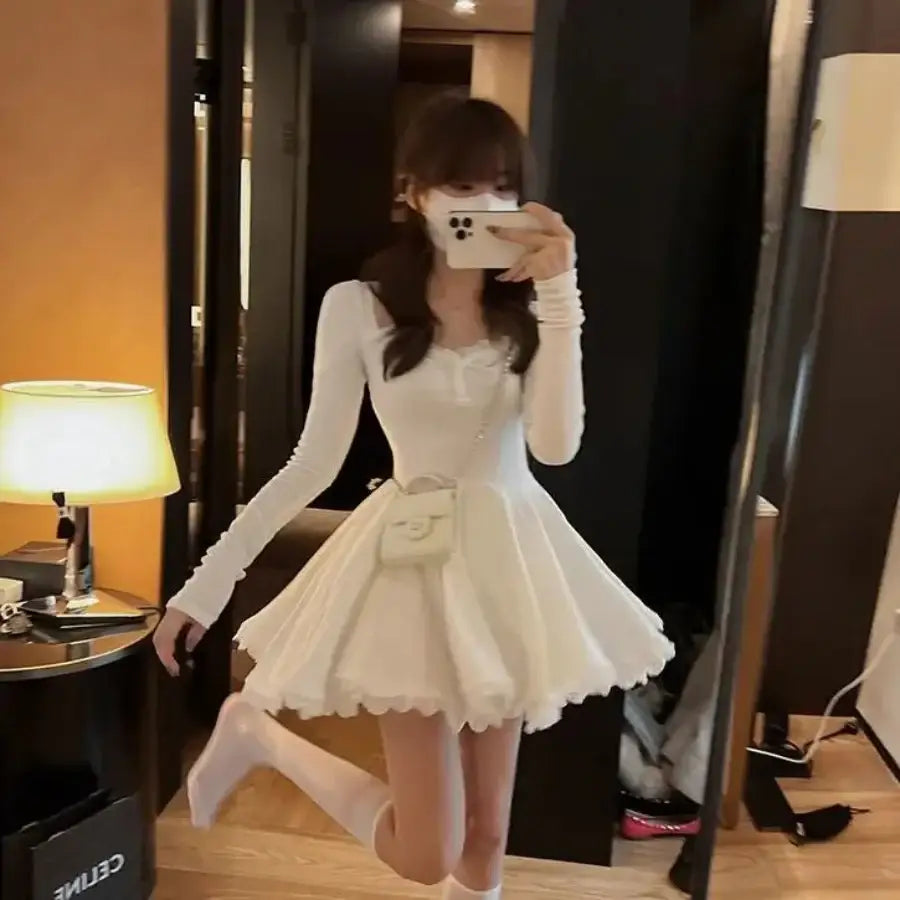 Long Sleeve Ruffle Mini Dress White / S