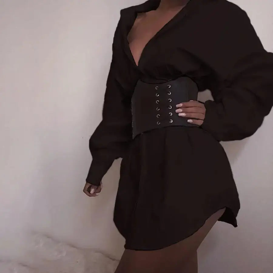 Long Sleeve Shirt Dress With Corset - Black / S