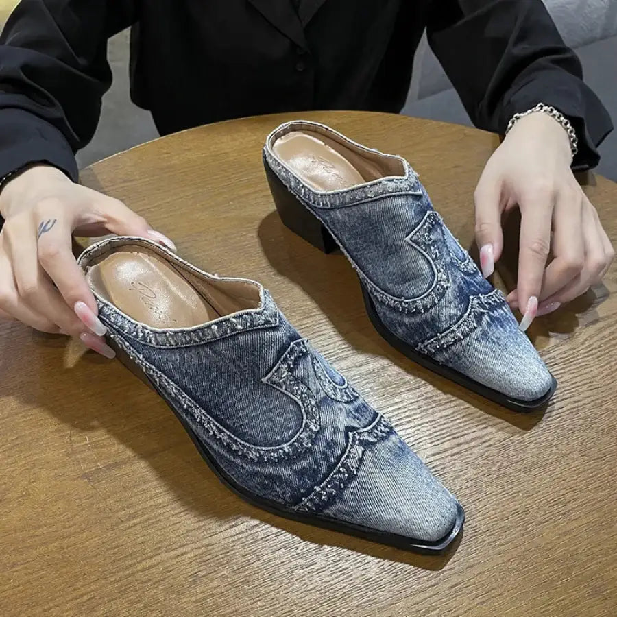 Low Heel Denim Boots - 5