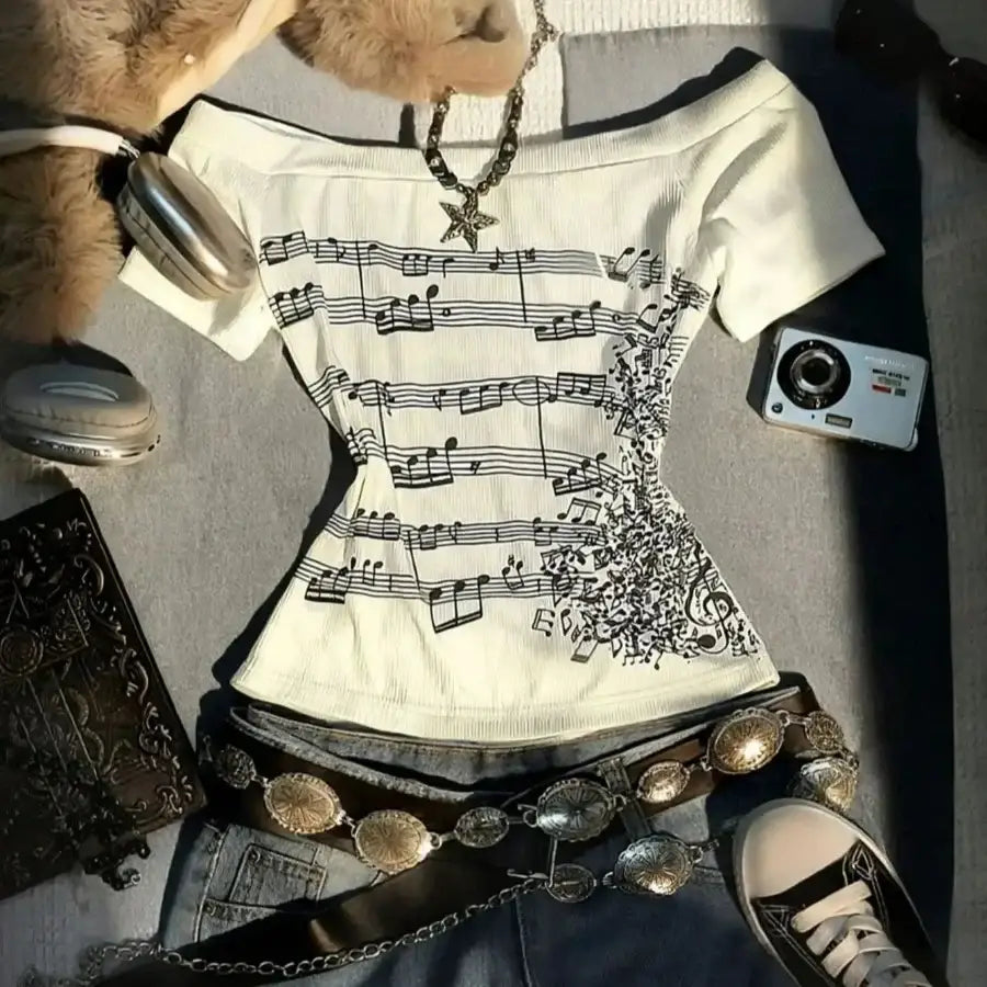 Music Notes Off The Shoulder Top - White / XS