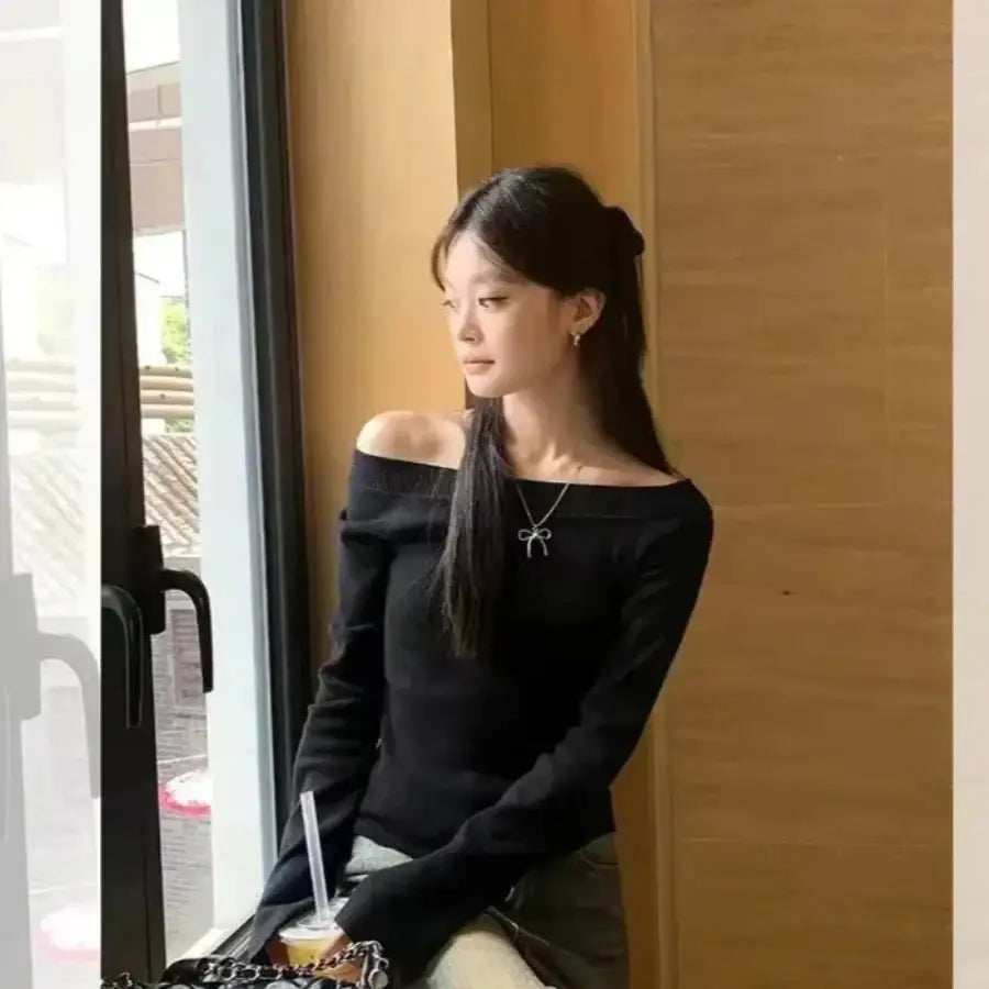 Off The Shoulder Knit Top - Black / M
