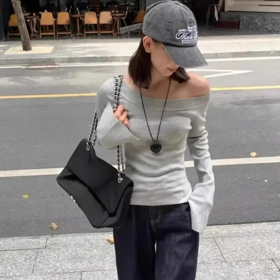 Off The Shoulder Knit Top - Grey / M
