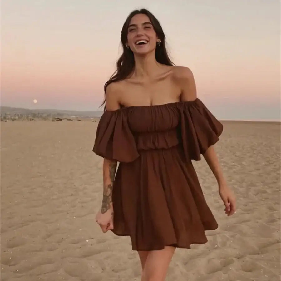 Off The Shoulder Puff Sleeve Dress - Brown / S