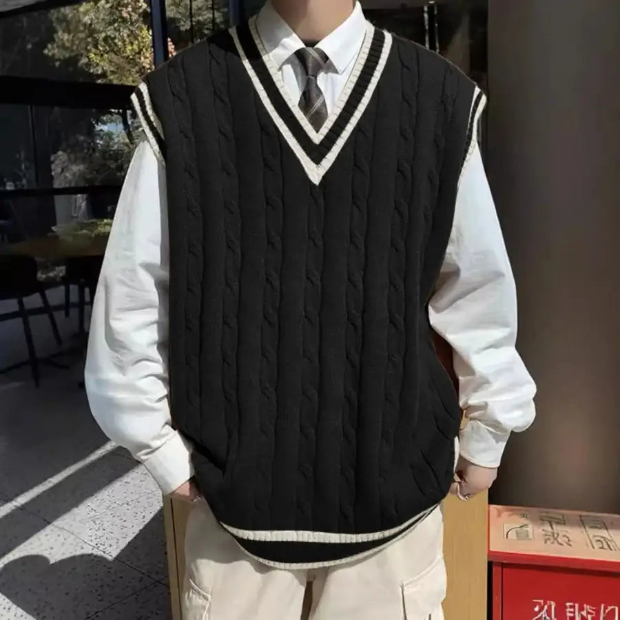 Oversized Sleeveless Knitted Sweater - Black / L