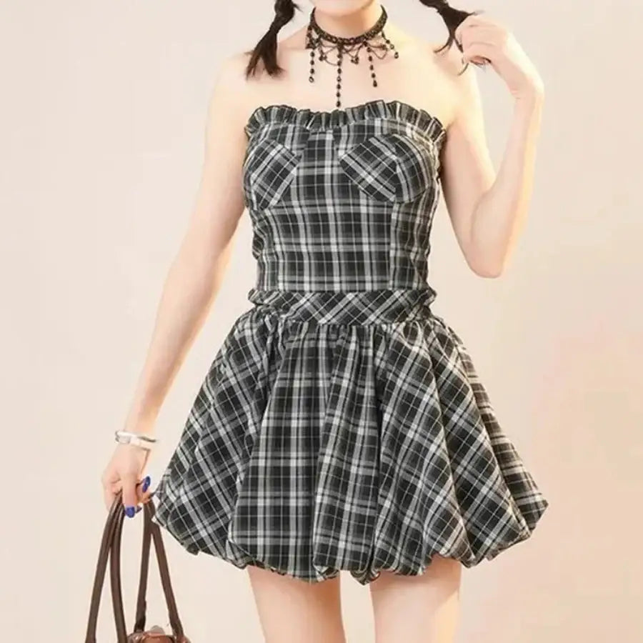 Plaid Bubble Dress Black / S
