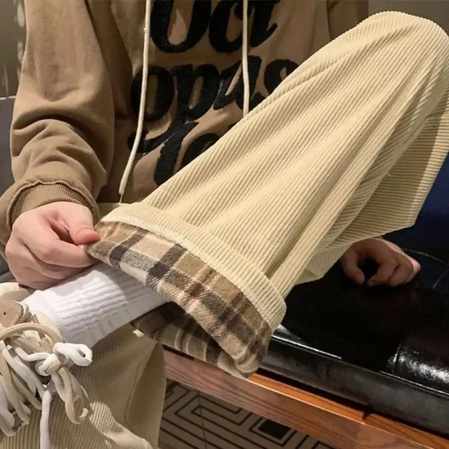 Plaid Corduroy Pants - Beige / M