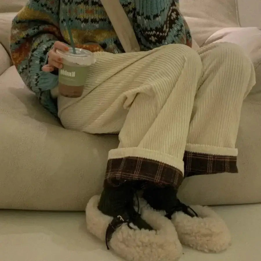Plaid Corduroy Pants - White / M