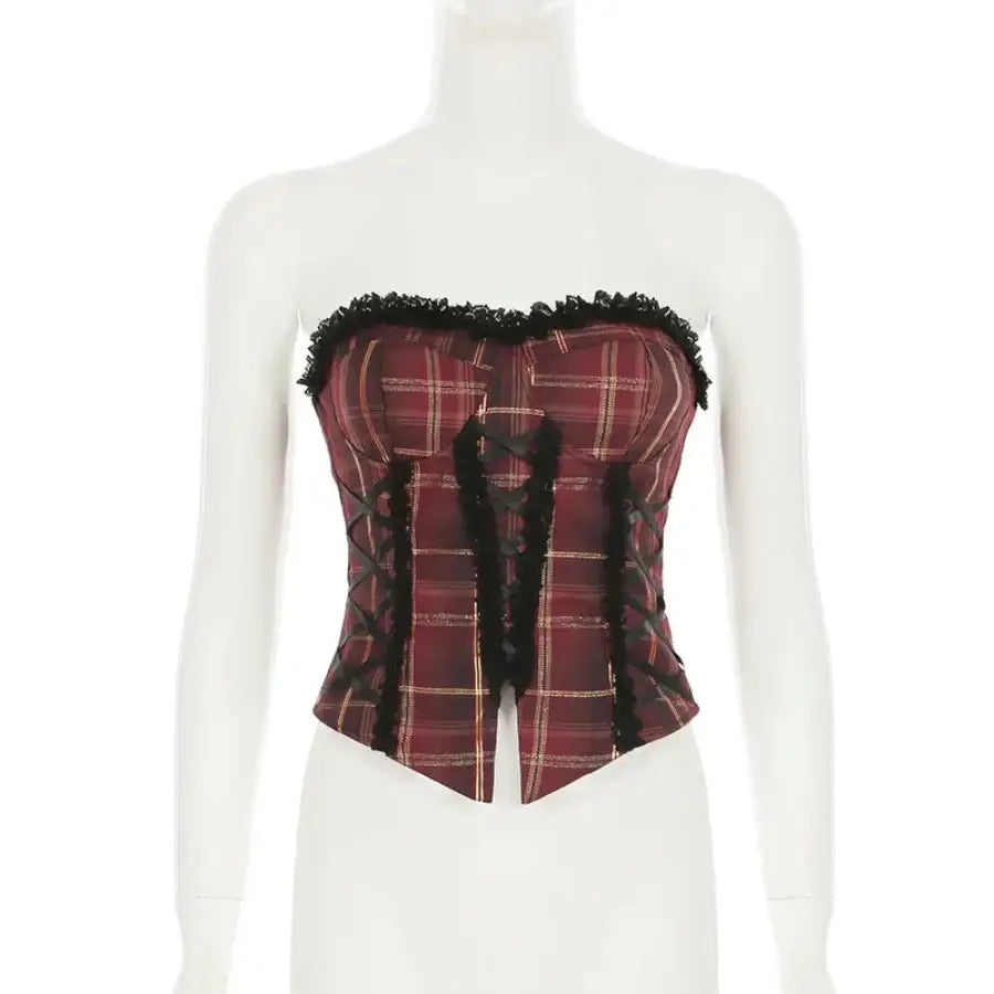 Plaid Lace Up Corset Top - S