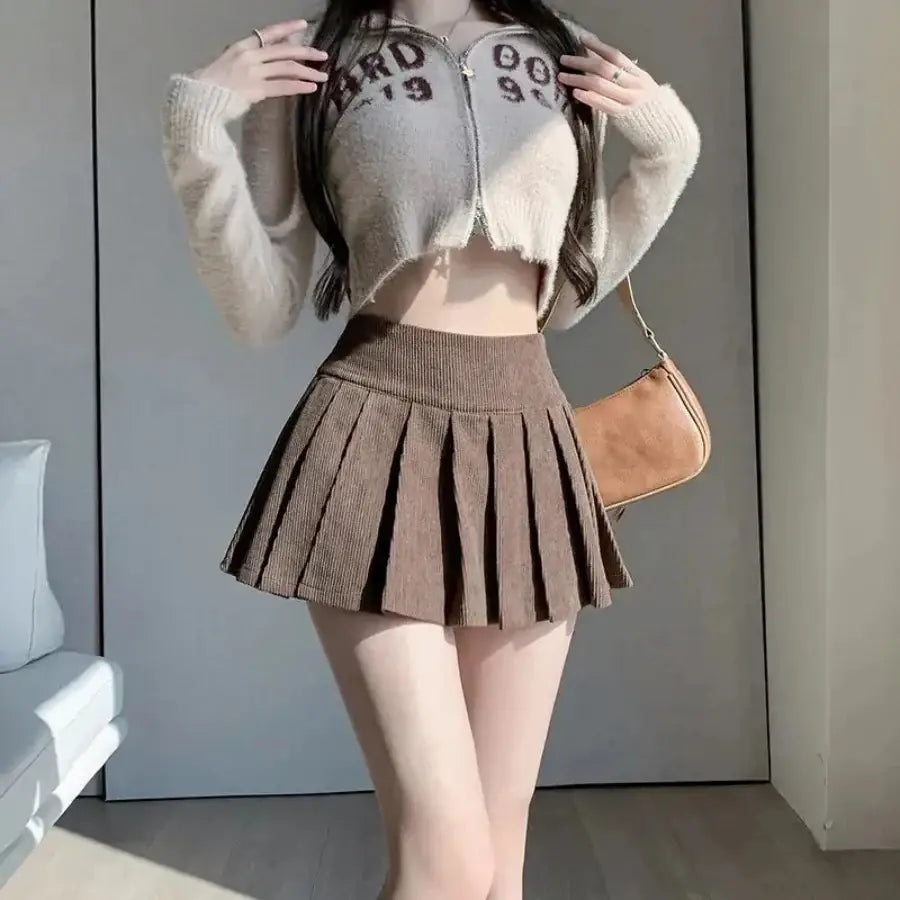 Pleated Corduroy Skirt - Brown / XS