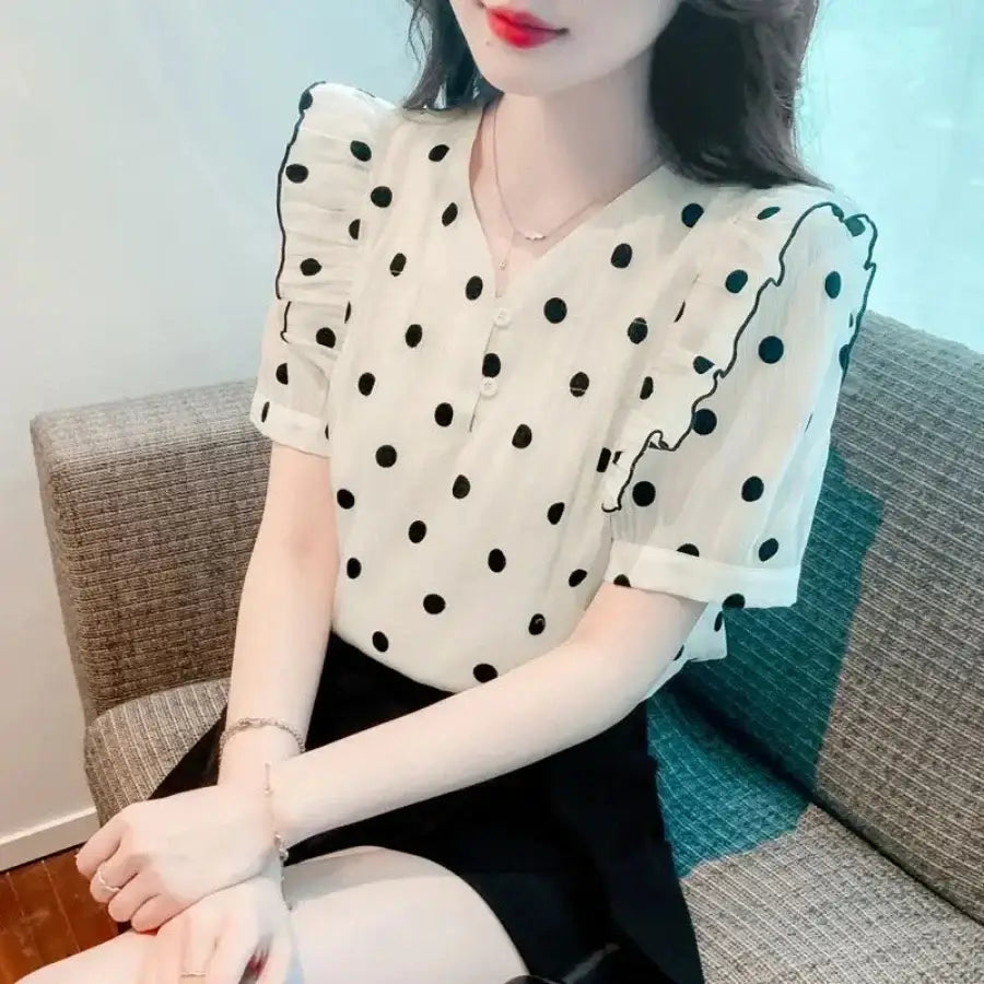 Polka Dot Short Sleeve Blouse - S