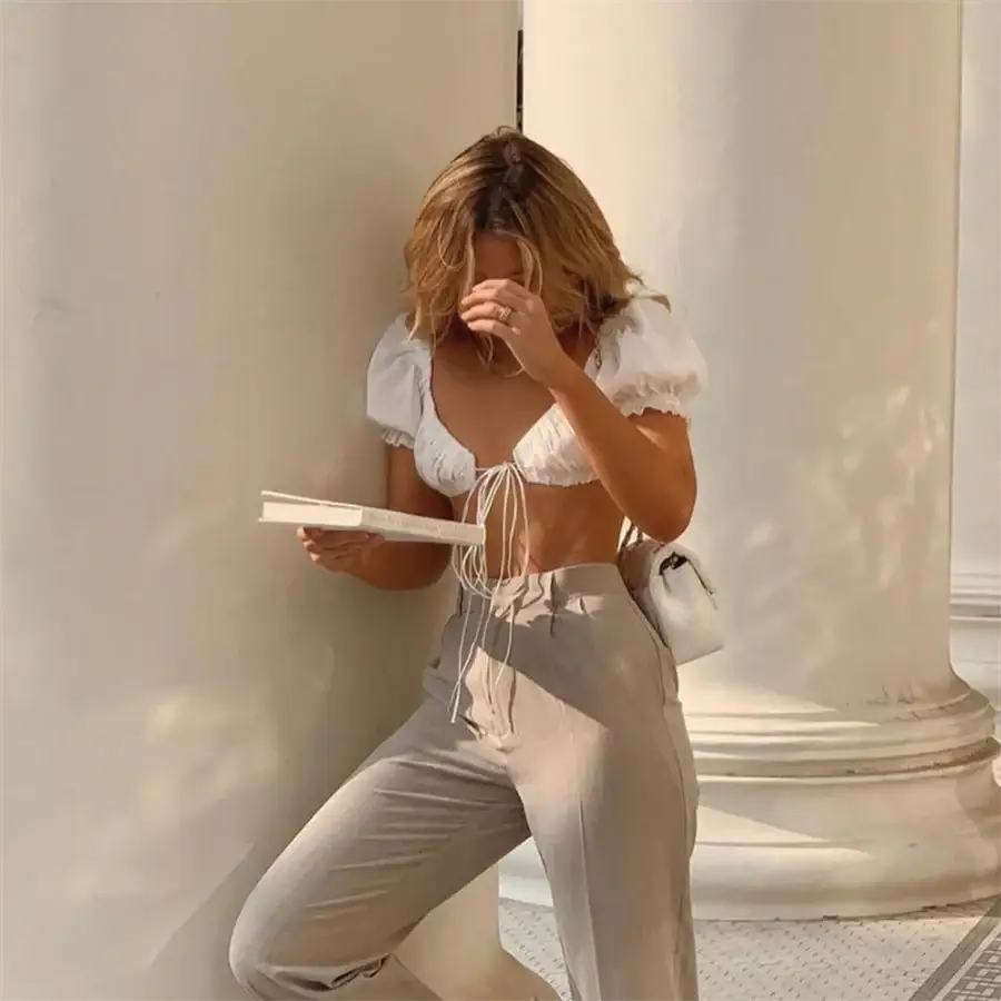 Puff Sleeve Crop Top - White / S
