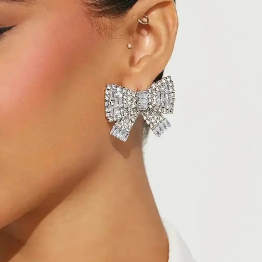Rhinestone Bow Earrings - Silver
