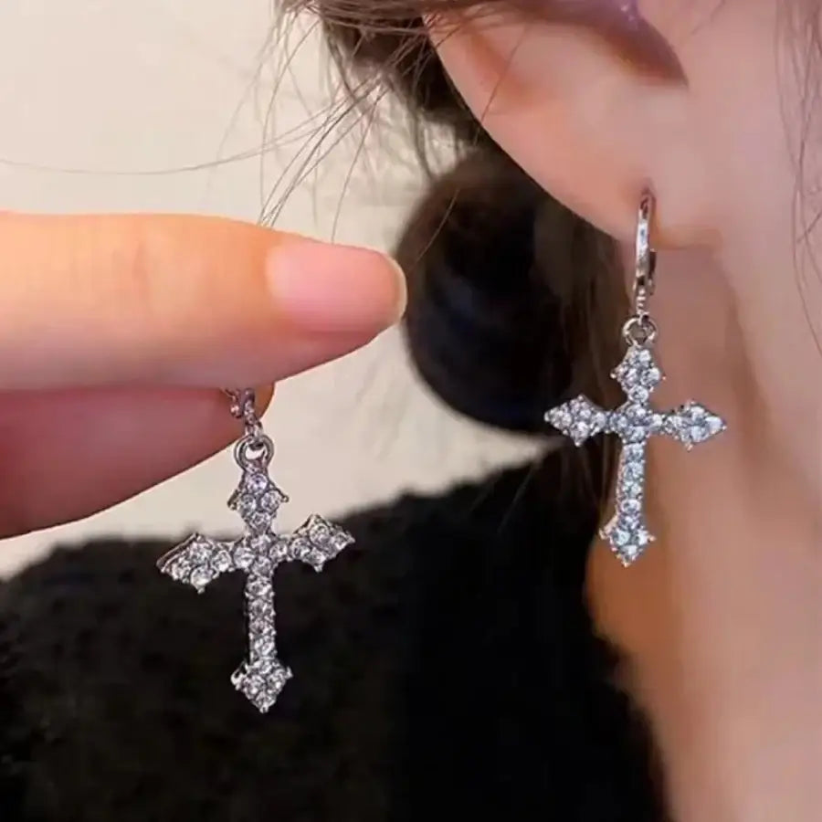 Rhinestone Cross Earrings - Silver