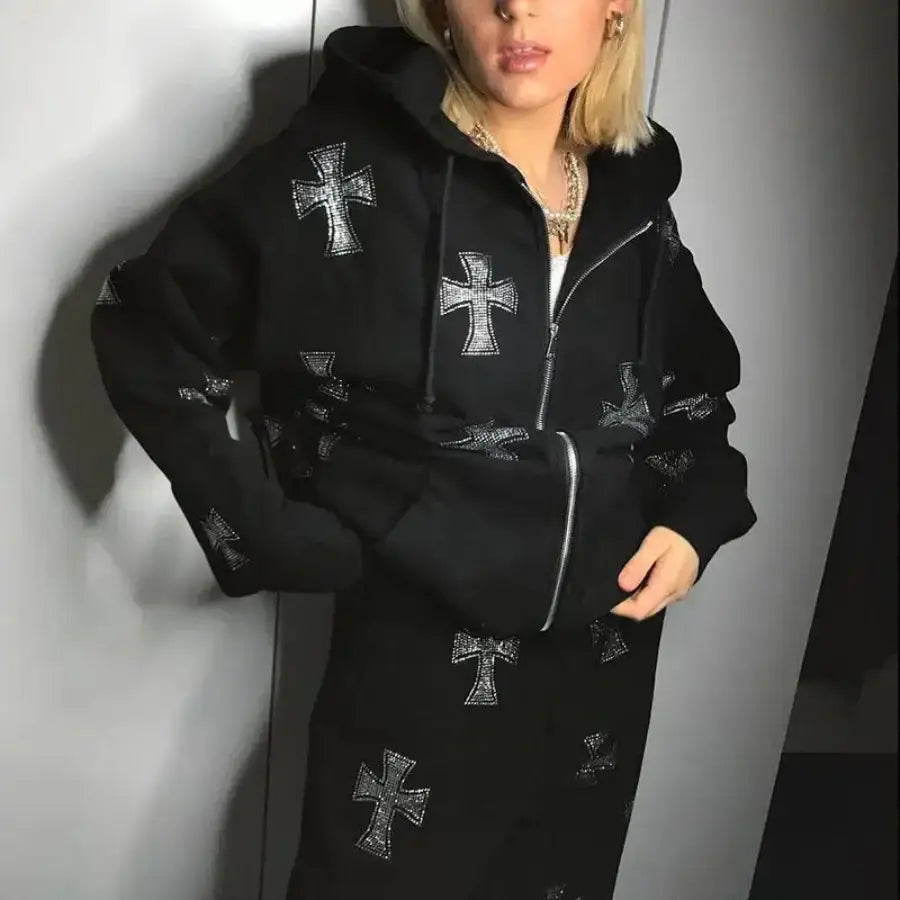 Rhinestone Cross Hoodie - Black / S