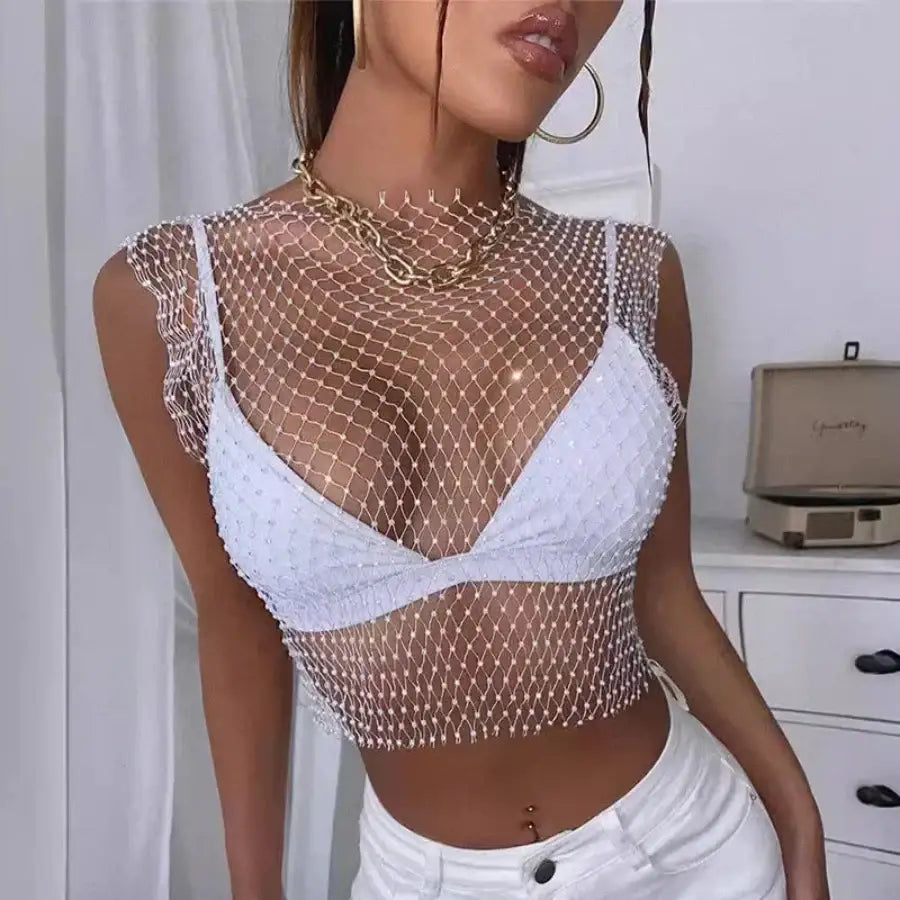 Rhinestone Mesh Top - White